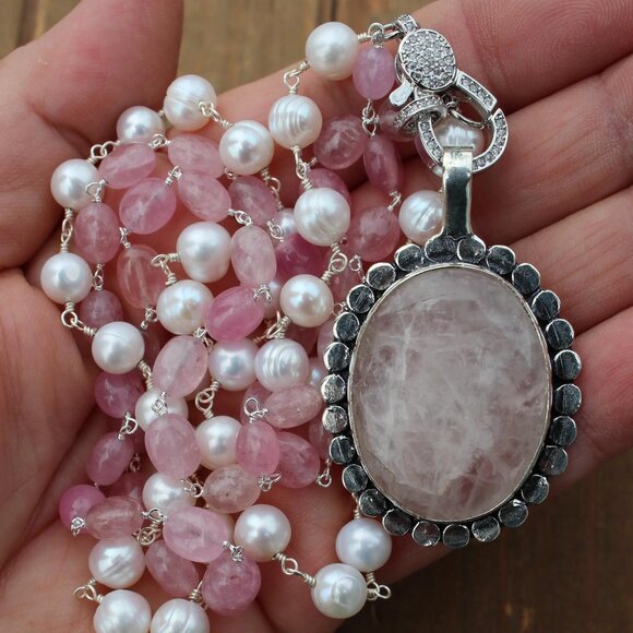 Blushing Radiance Unique Double Row Statement Necklace with Pendant - Picture 1 of 6